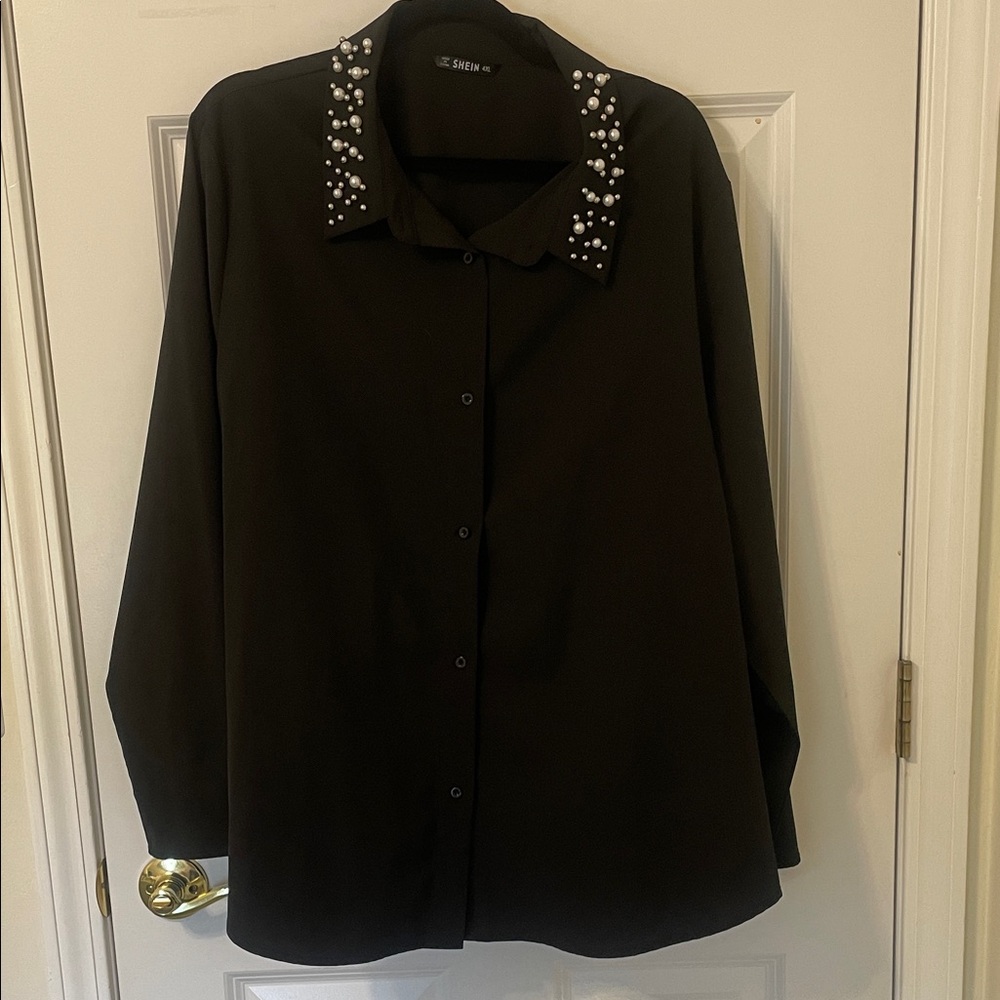 SHEIN Button down Black Top with embellished collar 4XL